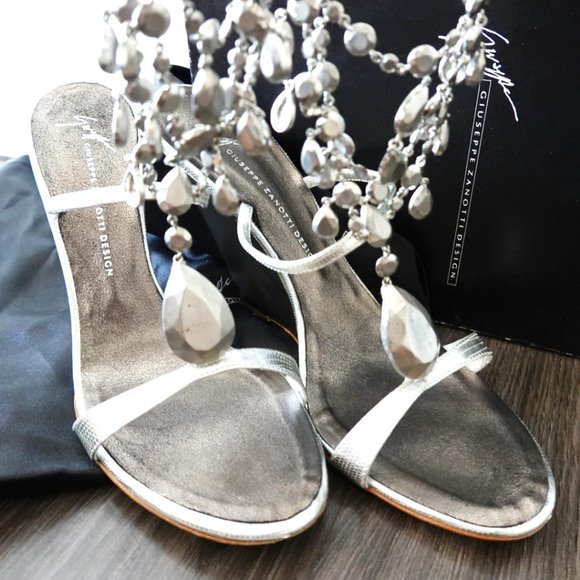 Giuseppe Zanotti Silver Wedge Heel Sandals with Cascading Jewels + Chain Closure - Picture 4 of 12